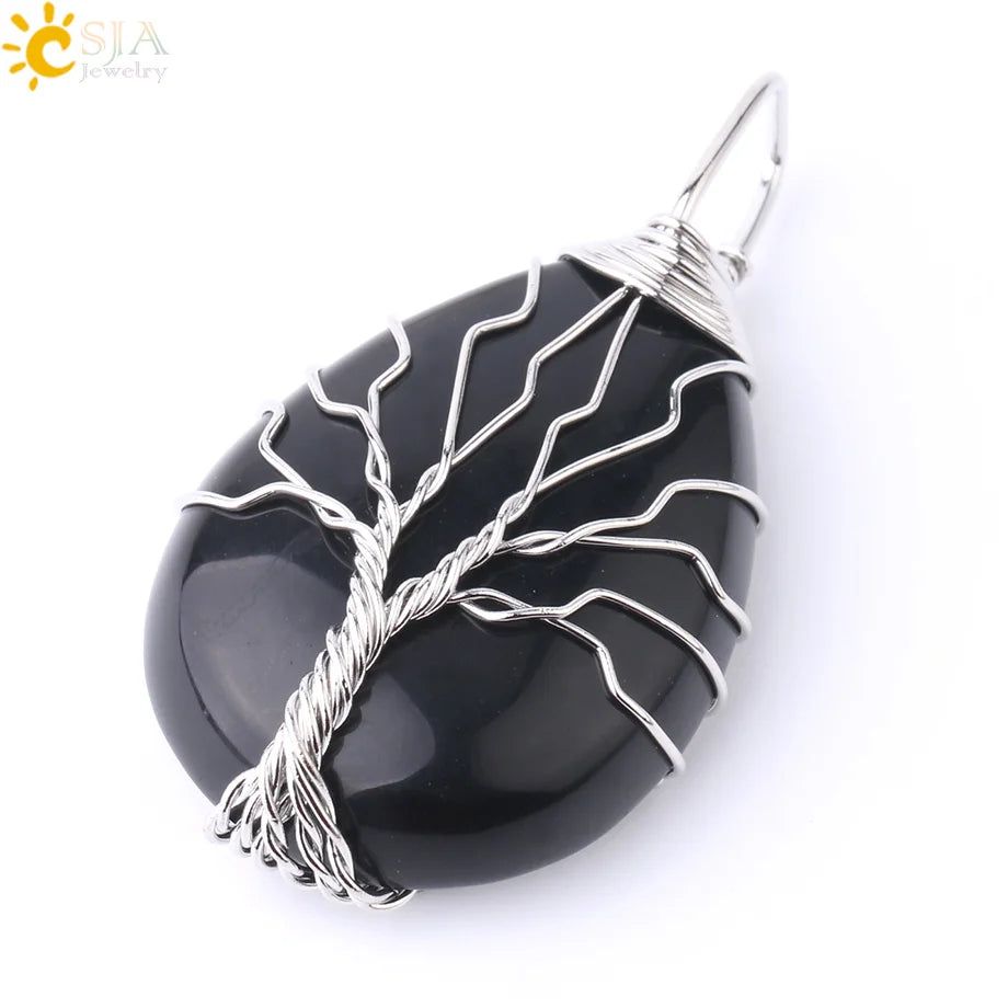 Tiger Eye Tree of Life Crystal Necklace Natural Stone Pendant Wire Wrap Rose Crystals Pink Quartz Amethyst Green Aventurine E585