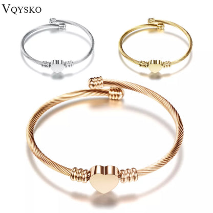 Fashion 3Colors Jewelry Women's Bijoux Bangles Stainless Steel Twisted Cable Wire Heart Charm Bracelet Bangle for Design