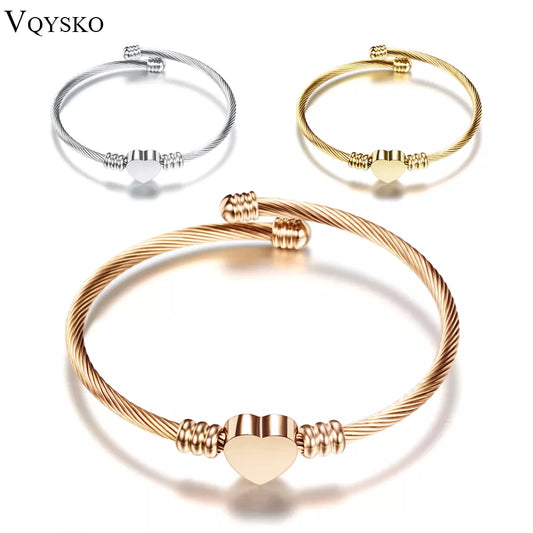 Fashion 3Colors Jewelry Women's Bijoux Bangles Stainless Steel Twisted Cable Wire Heart Charm Bracelet Bangle for Design