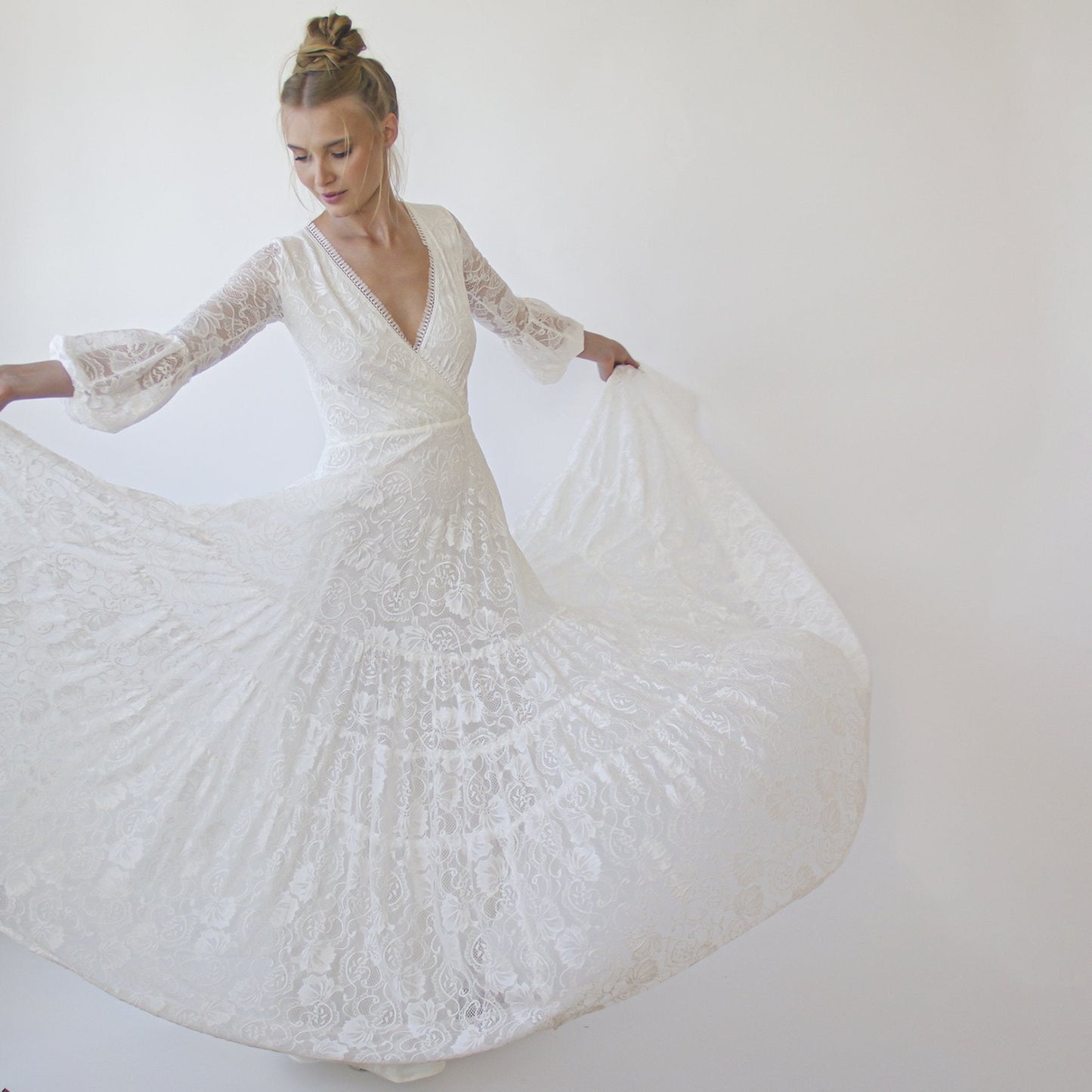 Bestseller Gipsy Layered Boho Lace Wedding Dress, Puffy Bracelet Sleeves #1365