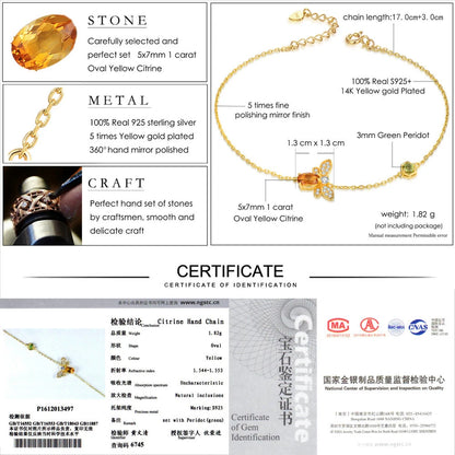 LAMOON Bee Bracelet for Woman Citrine Gemstones Bracelets 925 Sterling Silve 14K Gold Plated Designer Jewelry for Lover LMHI002