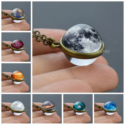 Full Moon Sphere Crystal Ball Glass Necklace Handmade Double Side Glass Ball Pendant Solar System Outer Space Astronomy Jewelry