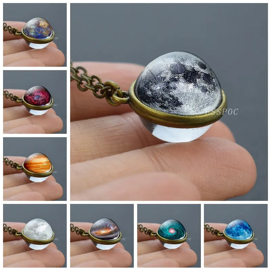 Full Moon Sphere Crystal Ball Glass Necklace Handmade Double Side Glass Ball Pendant Solar System Outer Space Astronomy Jewelry