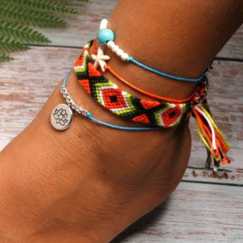 MOON GIRL Handmade Weave Bobo Lotus Anklet Set Fashion Starfish 4 Pieces Bohemian Chic Summer Bracelet Ankle for Women