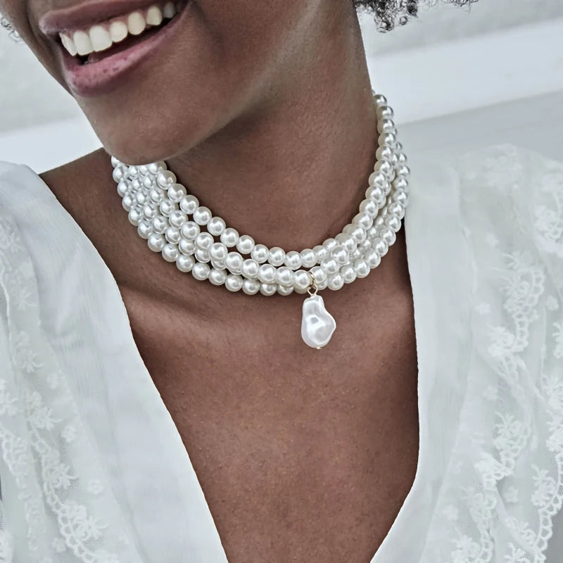 IngeSight.Z Punk Multi Layered Imitation Pearl Choker Necklace Collar Statement Boho Handmade Pendant Necklace for Women Jewelry