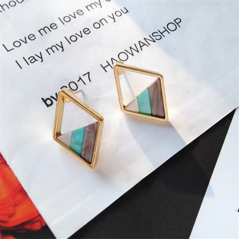 Contracted Lozenge Color Contrast Color Earrings Female Fashion Lady Geometric Hollow Out the Triangle Stud Earrings Earrings