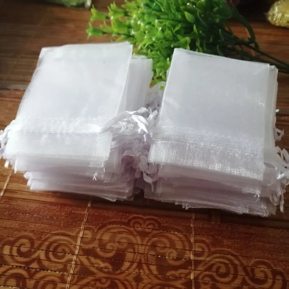 100 Pcs/Lot White Organza Drawstrings Bags 7x9 9x12 10x15 13x18 15x20 20x30 30x40 35x50 Cm Jewelry Package Bags Yarn Pouch