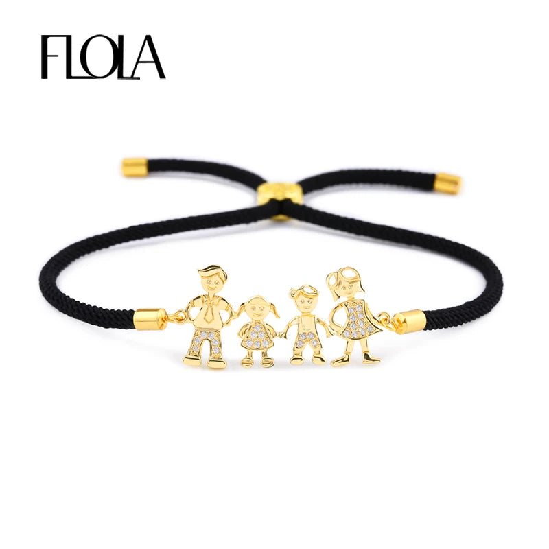 FLOLA Family Black Rope Gold Plated Bracelets Dad Mum Boy Bracelet Kid Adjustable Black String Bracelet Pulseiras Famila Brtb07