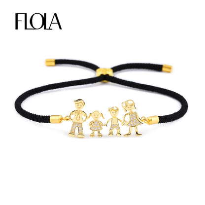 FLOLA Family Black Rope Gold Plated Bracelets Dad Mum Boy Bracelet Kid Adjustable Black String Bracelet Pulseiras Famila Brtb07