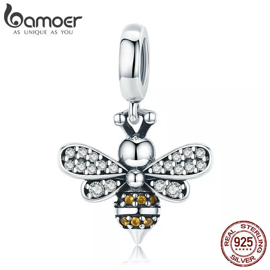 BAMOER 925 Sterling Silver Crystal Bee Crystal Charm Fit Women Charm Bracelets DIY Jewelry Girlfriend