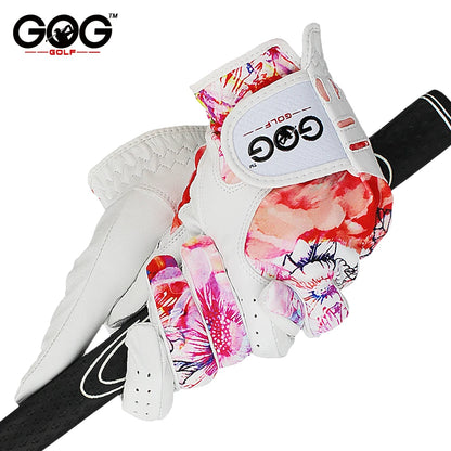 GOG Golf Glove Women, Sheepskin Leather Printed Pattern Color , Soft Fit Good Grip ,Ladies Left Right Both Hand (1 Pair) Gloves