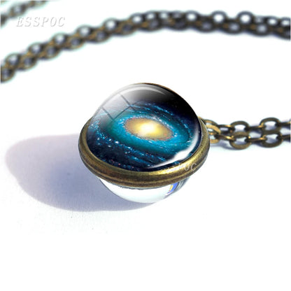 Full Moon Sphere Crystal Ball Glass Necklace Handmade Double Side Glass Ball Pendant Solar System Outer Space Astronomy Jewelry