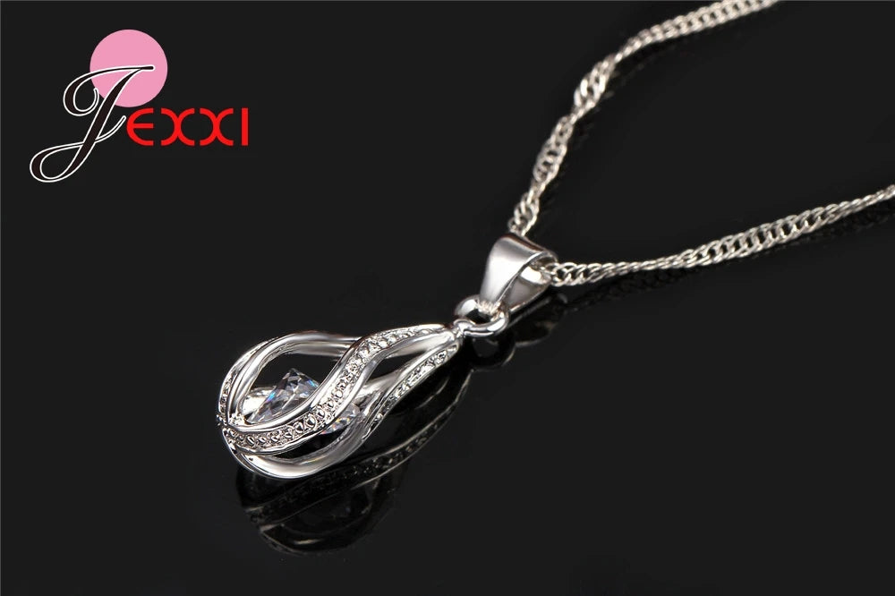 8 Colors Best for Women Girls Friends 925 Sterling Silver Jewelry Set CZ Cubic Zircon Water Drop Necklace Dangle Earrings