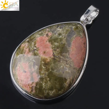 CSJA Natural Stone Pendants  Tiger Eye Pink Quartz Purple Crystal Lapis Necklace Water Drop Flat Bead Women Healing Jewelry F982