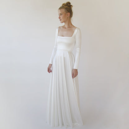 Bestseller Ivory Square Neckline Minimalist Satin Wedding Dress #1351