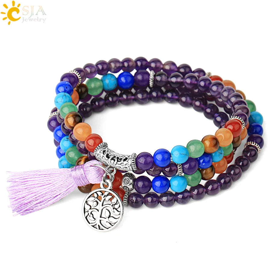 CSJA Women Maxi Long Necklace Natural Mala Gem Stone Bead Tassel 7 Chakra Tiger Eye Pink Quartz Howlite Reiki Boho Necklace E590