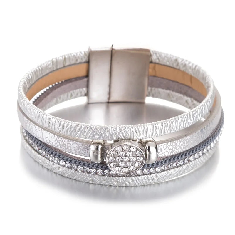 HOCOLE Fashion Gem Rhinestone Magnetic Leather Bracelets & Bangles Bohemian Handmade Multilayer Wrap Jewelry Women Pulseira