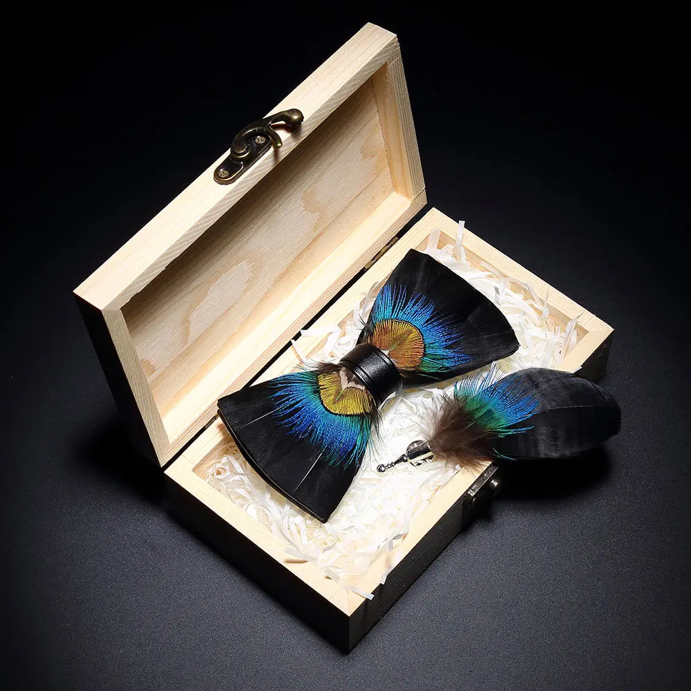 KAMBERFT Design Handmade Feather Bow Tie Brooch Wooden Box Set High Quality Men's Bowtie Leather Tie for Wedding Party Banquet