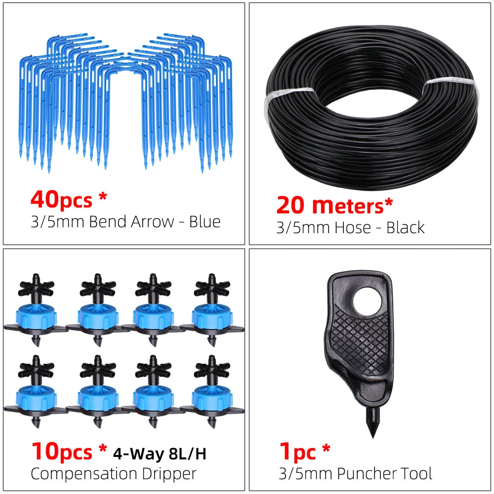 MUCIAKIE Garden Drip Irrigation Kit Micro Watering Elbow Drippers System for Greenhouse Pot Plants 1/8'' 3/5mm Hose Set 2/4 Ways