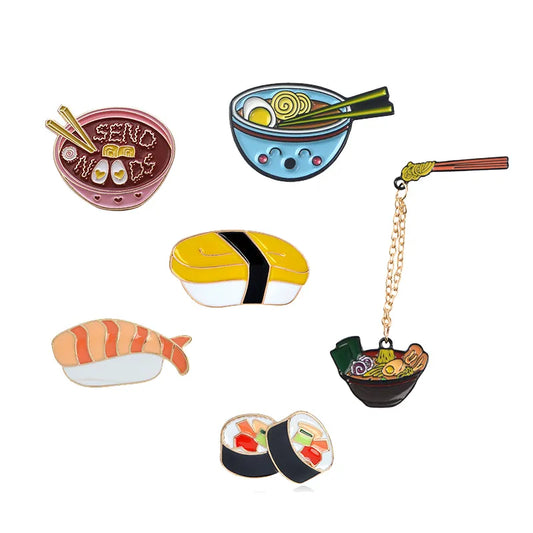 Cartoon Ramen Sushi Enamel Pins Cute Japanese Foods Tonkotsu Noodles Brooches Denim Shirt Collar Lapel Pins Badge Jewelry