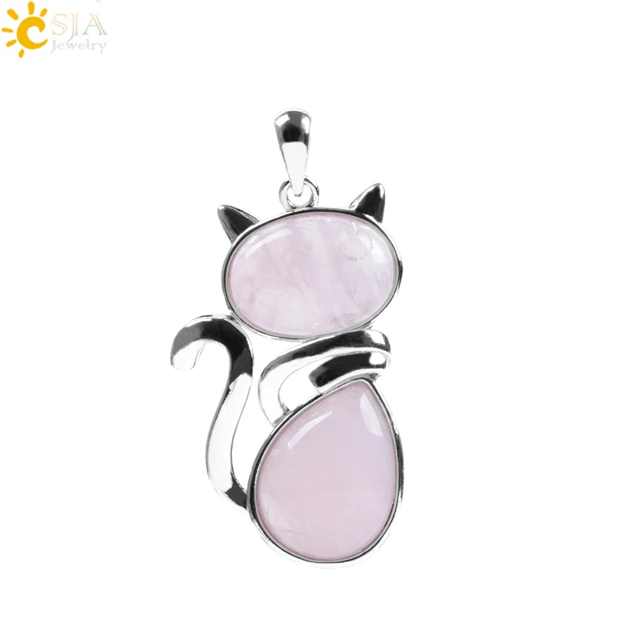 CSJA Chakra Natural Stone Pendant Cute Cat Pendants Suspension for Girl Green Aventurine Pink Crystal Cat Wisiorek Jewelry F072