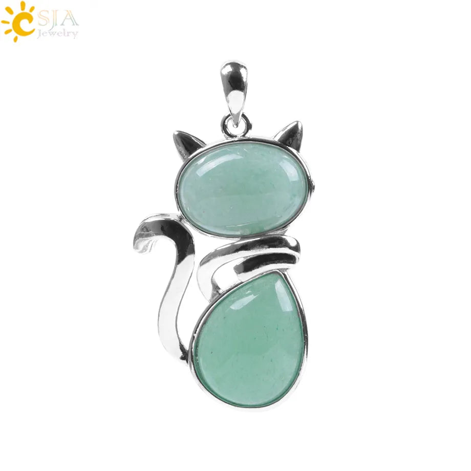 CSJA Chakra Natural Stone Pendant Cute Cat Pendants Suspension for Girl Green Aventurine Pink Crystal Cat Wisiorek Jewelry F072