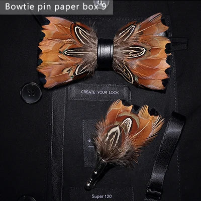 JEMYGINS Bowtie Natural Brid Feather Exquisite Hand Made Men Bow Tie Brooch Pin