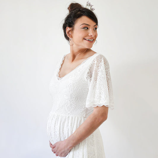 Maternity Butterfly Sleeves Bohemian Lace Ivory Wedding Dress #7017