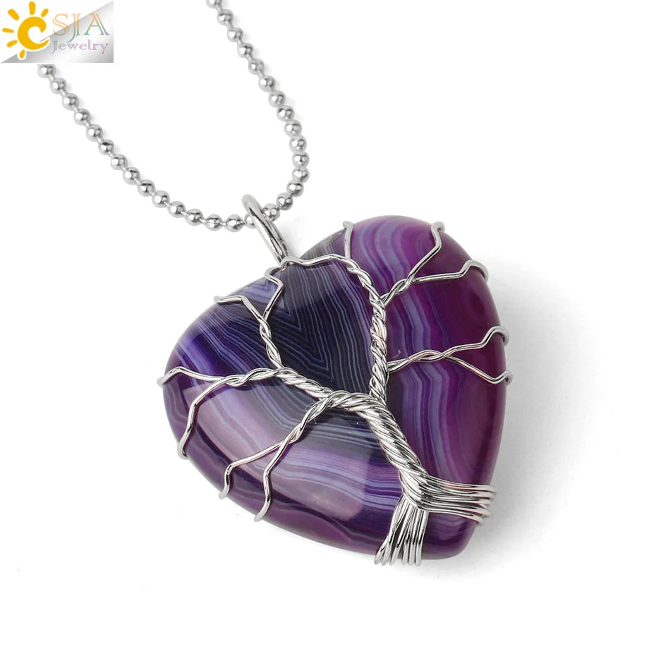 CSJA Tree of Life Wire Wrapped Love Heart Necklace & Pendant Suspension Natural Gem Stone Tiger Eye Pink Quartz Black Onyx F053