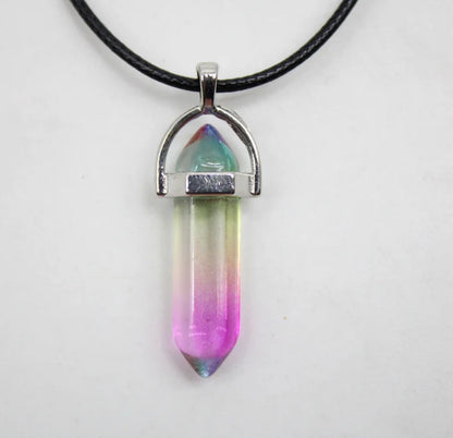 1PCS Natural Stone Quartz Crystal Opal Agates Hexagonal Column Pendulum Pendant Leather Chains Necklace Fashion Charms Pendant