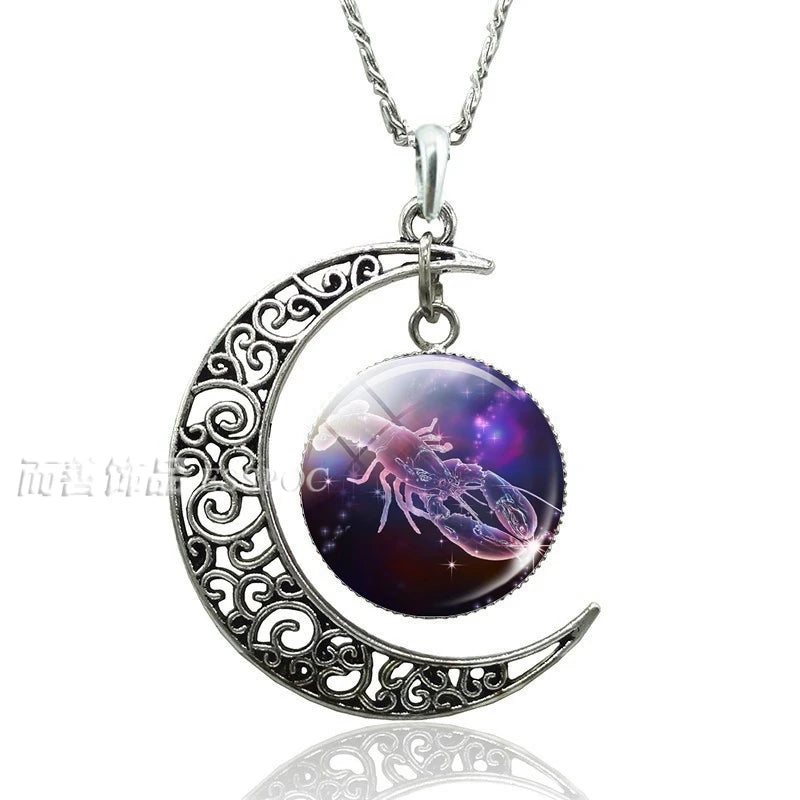 12 Constellation Crescent Moon Necklace Zodiac Sign Glass Jewelry Pendant Aries Gemini Cancer Leo Women Birthday