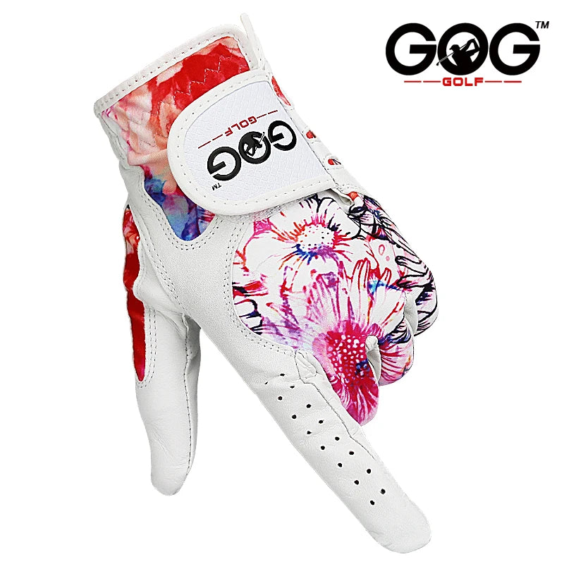 GOG Golf Glove Women, Sheepskin Leather Printed Pattern Color , Soft Fit Good Grip ,Ladies Left Right Both Hand (1 Pair) Gloves