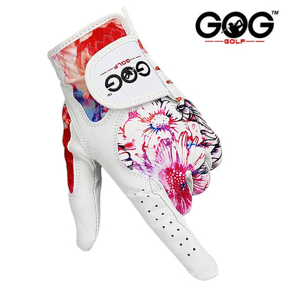 GOG Golf Glove Women, Sheepskin Leather Printed Pattern Color , Soft Fit Good Grip ,Ladies Left Right Both Hand (1 Pair) Gloves