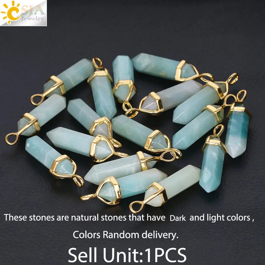 CSJA Hexagonal Column Necklaces Natural Stone Amazonite Pendant Two Sharp Angle Quartz Beads for Women Men Jewelry F185