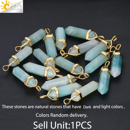 CSJA Hexagonal Column Necklaces Natural Stone Amazonite Pendant Two Sharp Angle Quartz Beads for Women Men Jewelry F185