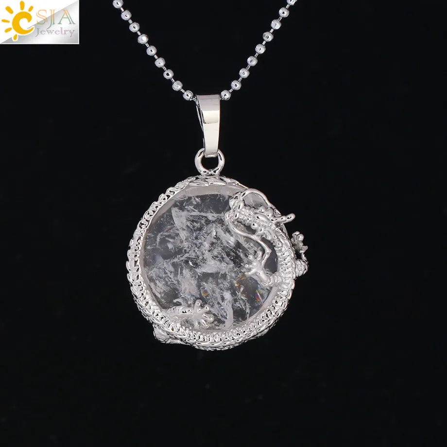 CSJA Necklaces Dragon Pendants Women Natural Stone Purple Crystal Pink Quartz Tiger Eye Lava Rock Flat Round Beads Fittings F304