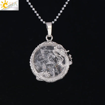 CSJA Necklaces Dragon Pendants Women Natural Stone Purple Crystal Pink Quartz Tiger Eye Lava Rock Flat Round Beads Fittings F304