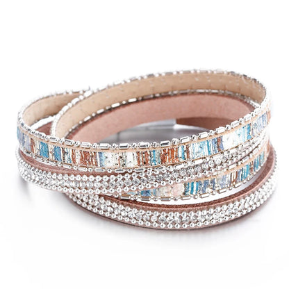ALLYES Women Leather Bracelet Czech Crystal Vintage Boho Multiple Layered Bohemian Double Wrap Bracelet Femme Jewelry