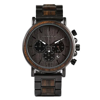 BOBO BIRD P09 Wood and Stainless Steel Watches Mens Chronograph Wristwatches Luminous Hands Stop Clock