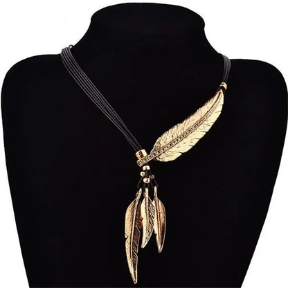 Collier Femme Feather Necklaces & Pendants Rope Leather Vintage Maxi Colar for Statement Necklace Women Fashion Jewelry Bijoux