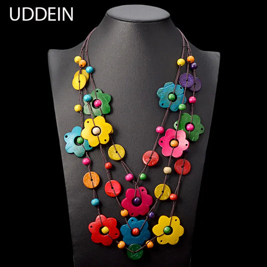 UDDEIN Bohemian Maxi Necklace for Women Party Jewelry Multi Layer Wood Tassel Pendant Statement Choker Flower Necklace Collar