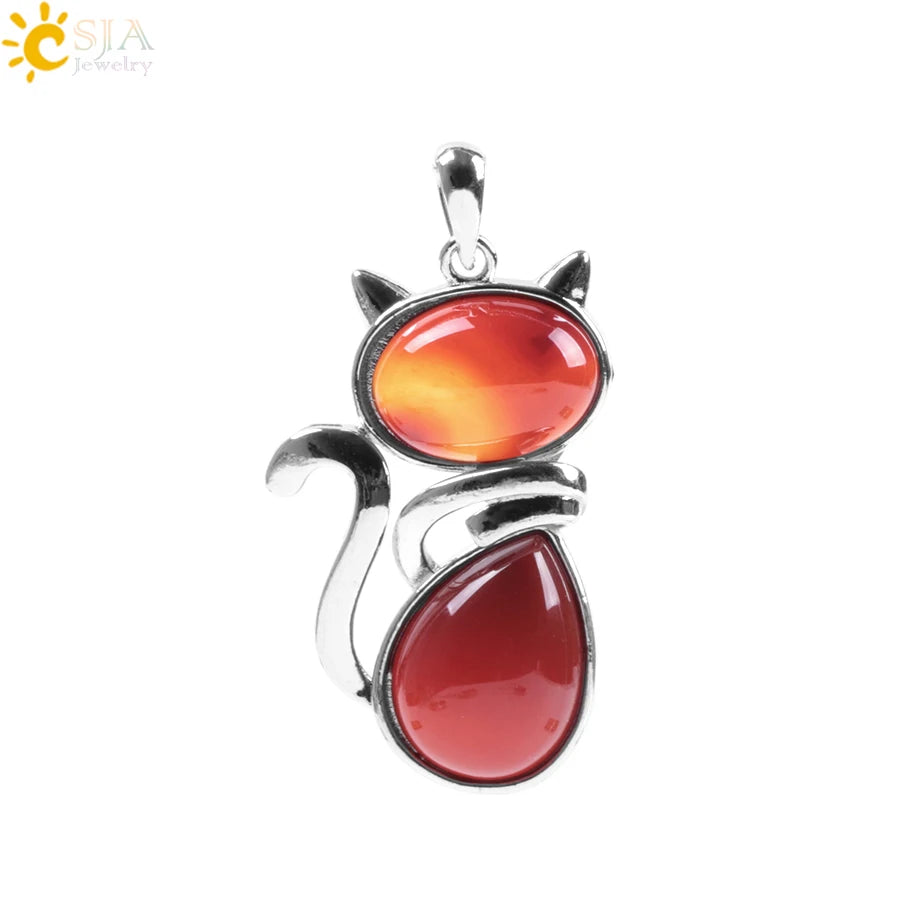 CSJA Chakra Natural Stone Pendant Cute Cat Pendants Suspension for Girl Green Aventurine Pink Crystal Cat Wisiorek Jewelry F072