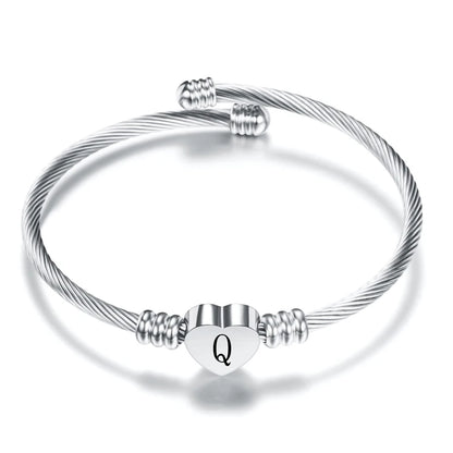 Heart Charm Bangle With Initial Alphabet Letter Engrave High Quality Women Jewelry Cuff Bangles Party