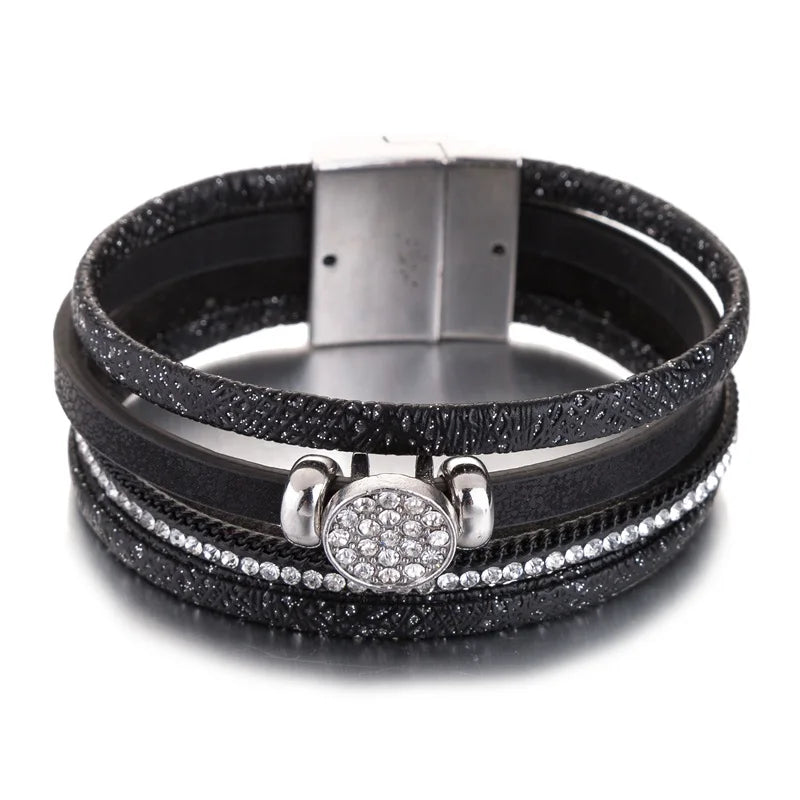 HOCOLE Fashion Gem Rhinestone Magnetic Leather Bracelets & Bangles Bohemian Handmade Multilayer Wrap Jewelry Women Pulseira