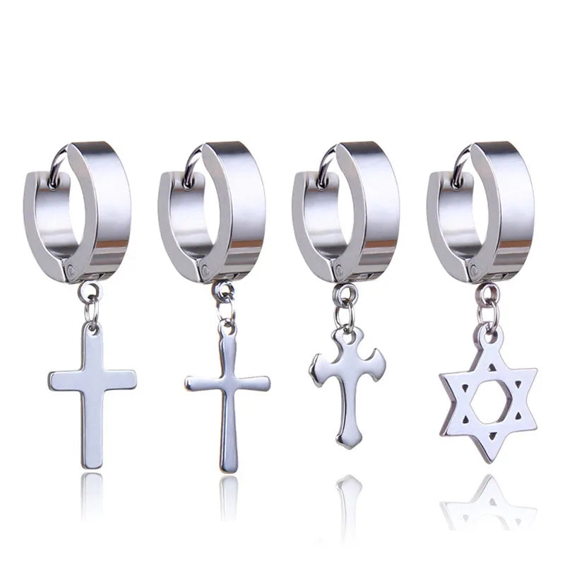 1 Piece Men Cross Stars Pendant Punk Round Cartilage Stainless Steel Earring for Men Piercing Stud Earrings for Women