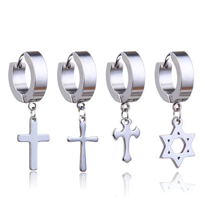 1 Piece Men Cross Stars Pendant Punk Round Cartilage Stainless Steel Earring for Men Piercing Stud Earrings for Women
