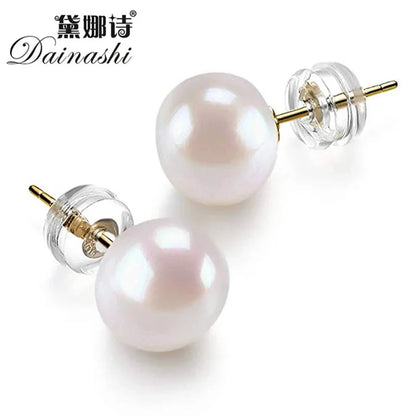 Dainashi High Quality 925Silver Gold Color 8-9mm Bread Round Freshwater Cultured Pearl Stud Earrings for Women Birthday