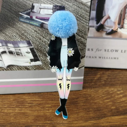 Fashion Brooch Pins for Woman Brooches Girls Face Cartoon Models Acrylic Brooches Kawaii Pompom Clothing Jewelry Accessories