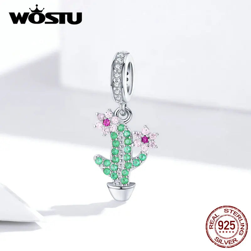 WOSTU New Fashion 925 Sterling Silver Cactus & Flower Beads Green Zircon Fit Original Bracelet Pendant Charms DIY Jewelry CTC121