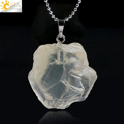 CSJA Natural Stones Gems Clear Crystal Pendants Necklaces Reiki Healing Irregular White Yellow Purple Pink Quartz Pendulum F070